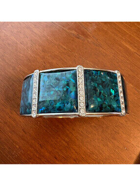 Vintage Lia Sophia Clamp Bracelet Silver Tone Clear Rhinestones Blue Insets